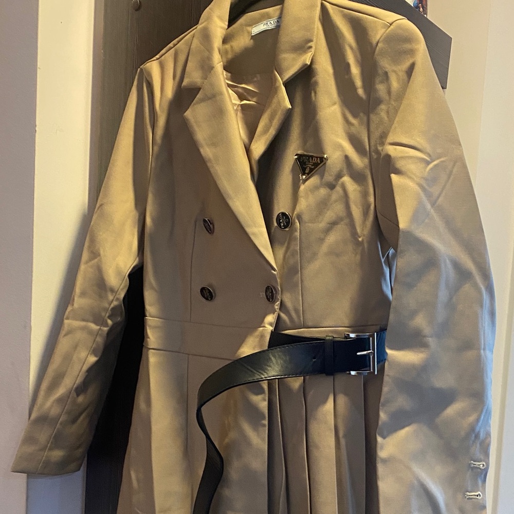 Prada Tan Double-Breasted Trench Coat with Black Belt